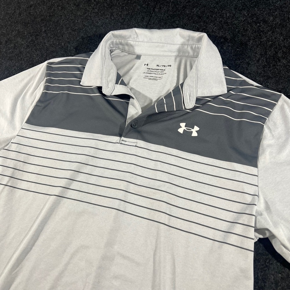 Under Armour The Playoff Polo Mens XL Gray Striped Golf Performance Shirt Loose